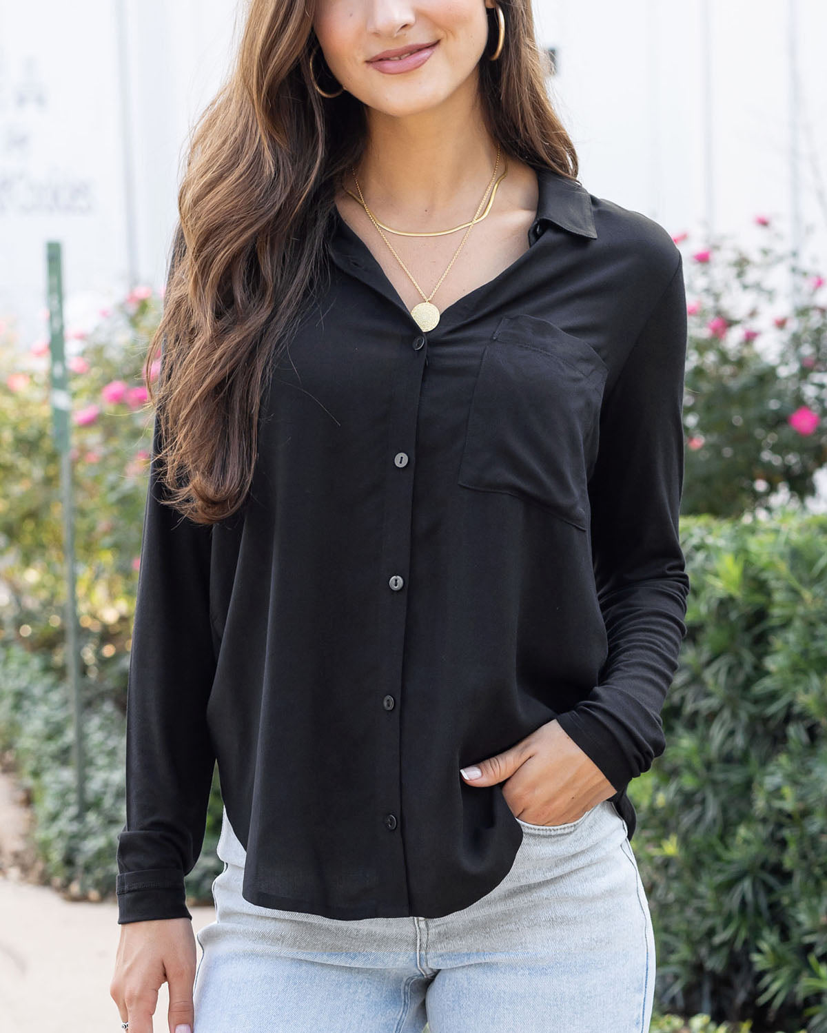 Stretch-Fit Button Up Top in Black - Grace and Lace