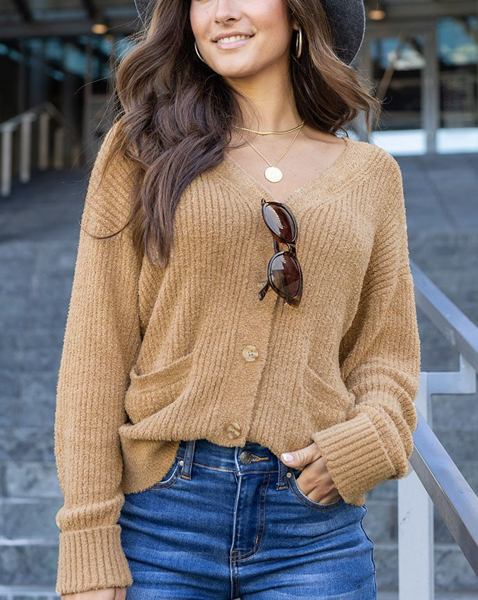 Bambü Ribbed Button Cardigan in Camel - Grace and Lace