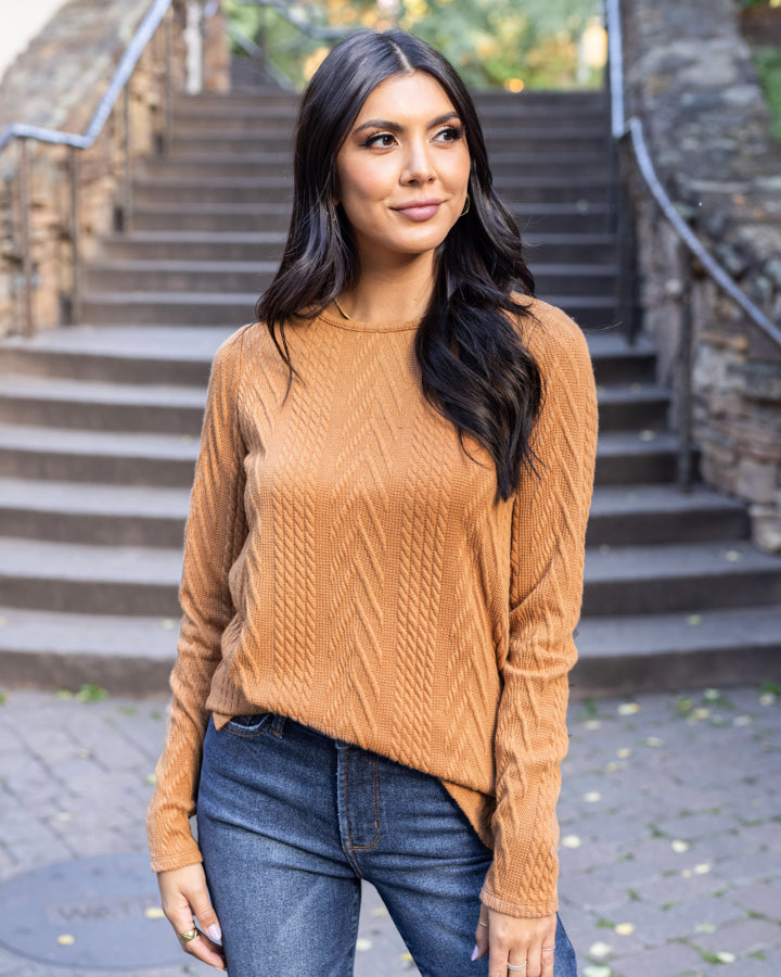 Cable Knit Fashion Sweater in Caramel - Grace and Lace