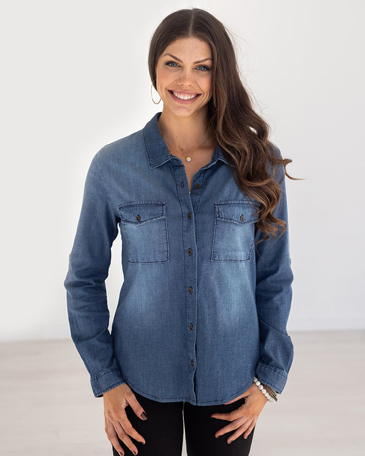 Stretch Chambray Button Top in Classic Wash - Grace and Lace