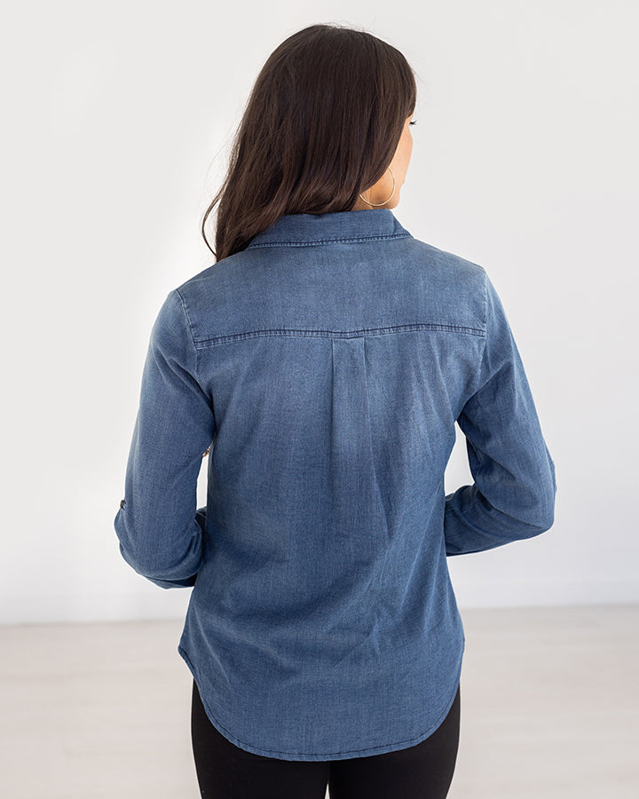 Stretch Chambray Button Top in Classic Wash - Grace and Lace