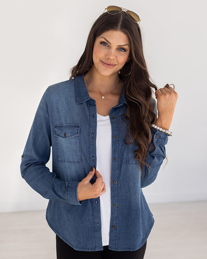 Stretch Chambray Button Top in Classic Wash - Grace and Lace