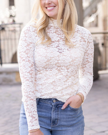Layered lace mock neck top in ivory - Grace and Lace