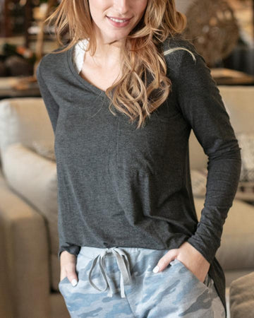 Long Sleeve Perfect Pocket Tee in Charcoal - Grace and Lace