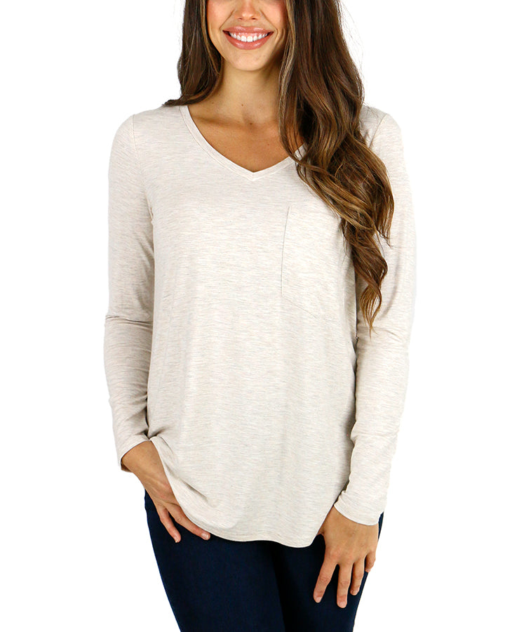 Long Sleeve Perfect Pocket Tee in Oatmeal - Grace and Lace