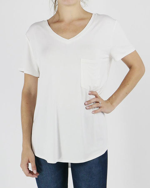 White v neck t clearance shirt with pocket women's