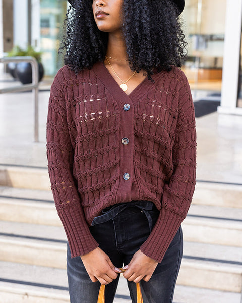 Skip stitch cabled button sweater in raisin - Grace and Lace